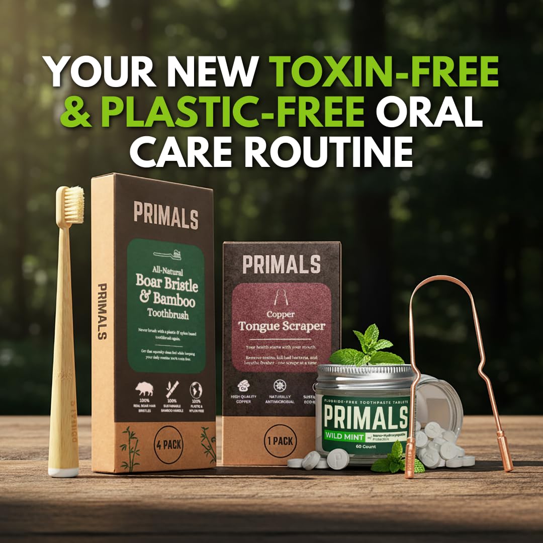 PRIMALS Boar Bristle & Bamboo Biodegradable Toothbrush 4-Pack