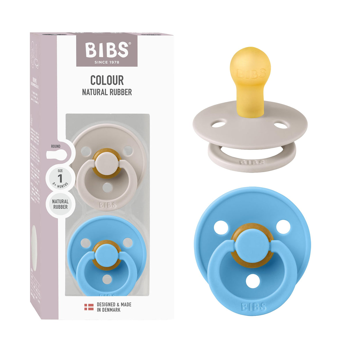 BIBS Colour Baby Pacifier with Round Nipple, Soft Silicone Shield