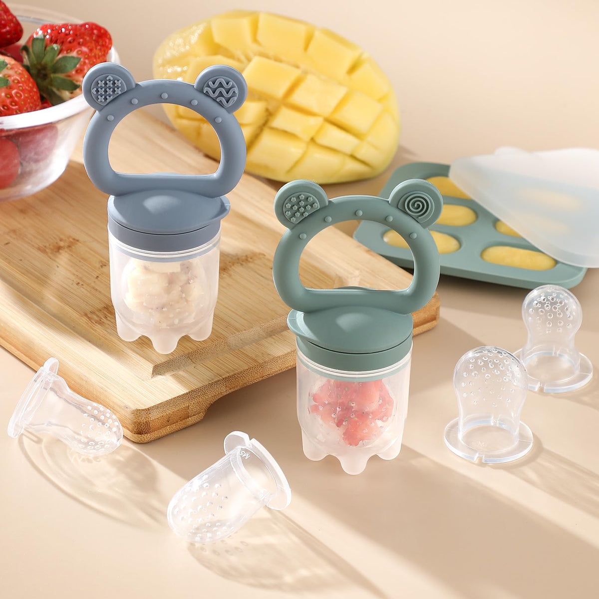 Silicone Baby Fruit Feeder with Freezer Tray and Teething Mold, 2-Pack