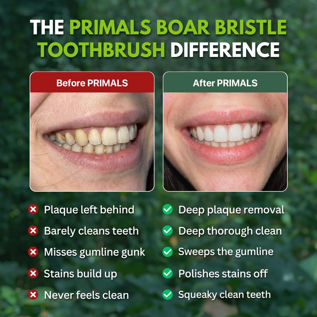 PRIMALS Boar Bristle & Bamboo Biodegradable Toothbrush 4-Pack