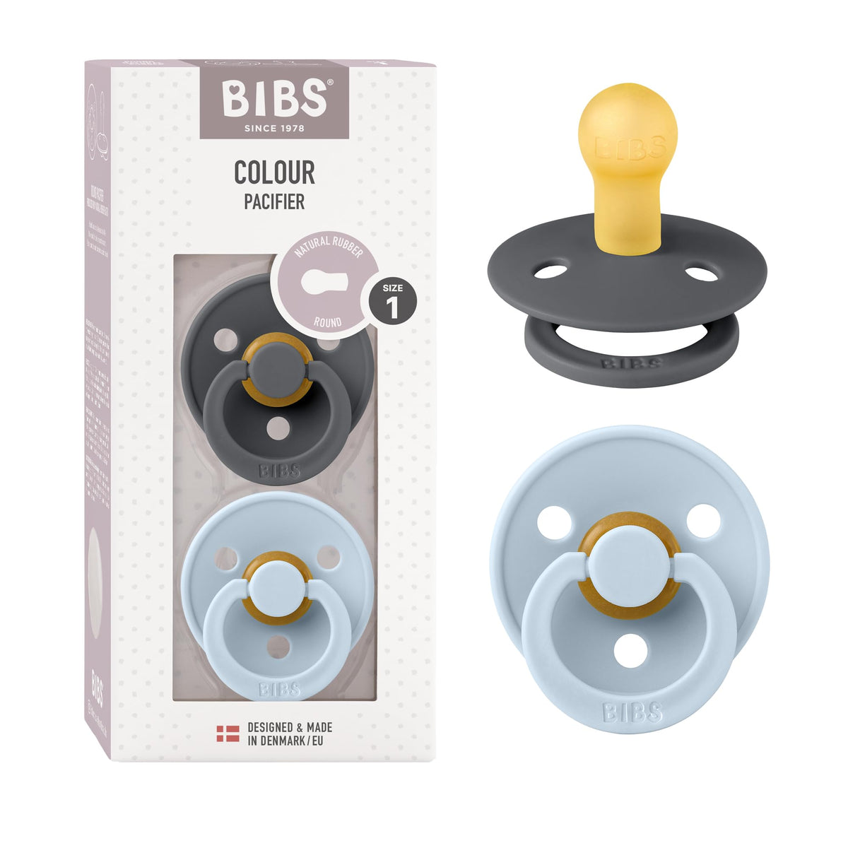 BIBS Colour Baby Pacifier with Round Nipple, Soft Silicone Shield