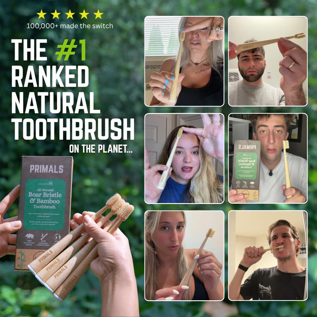 PRIMALS Boar Bristle & Bamboo Biodegradable Toothbrush 4-Pack