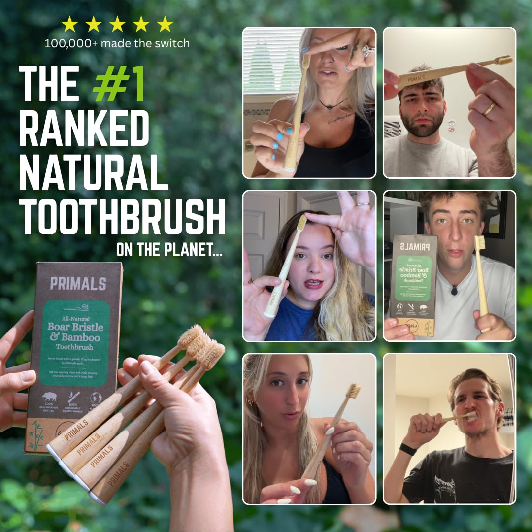 PRIMALS Boar Bristle & Bamboo Biodegradable Toothbrush 4-Pack