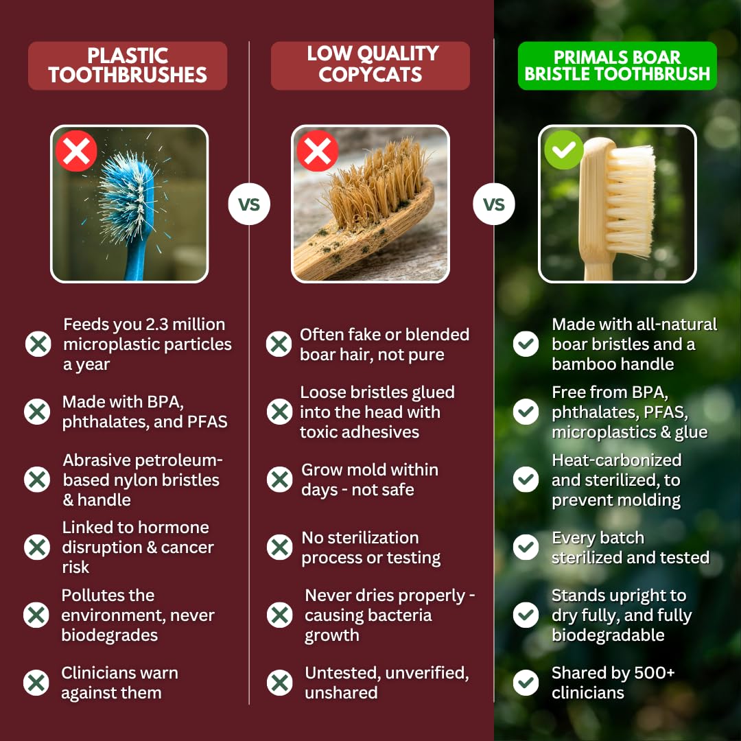 PRIMALS Boar Bristle & Bamboo Biodegradable Toothbrush 4-Pack