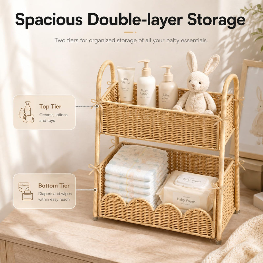 Klippehop 2-Tier Handwoven Diaper Caddy Organizer Basket