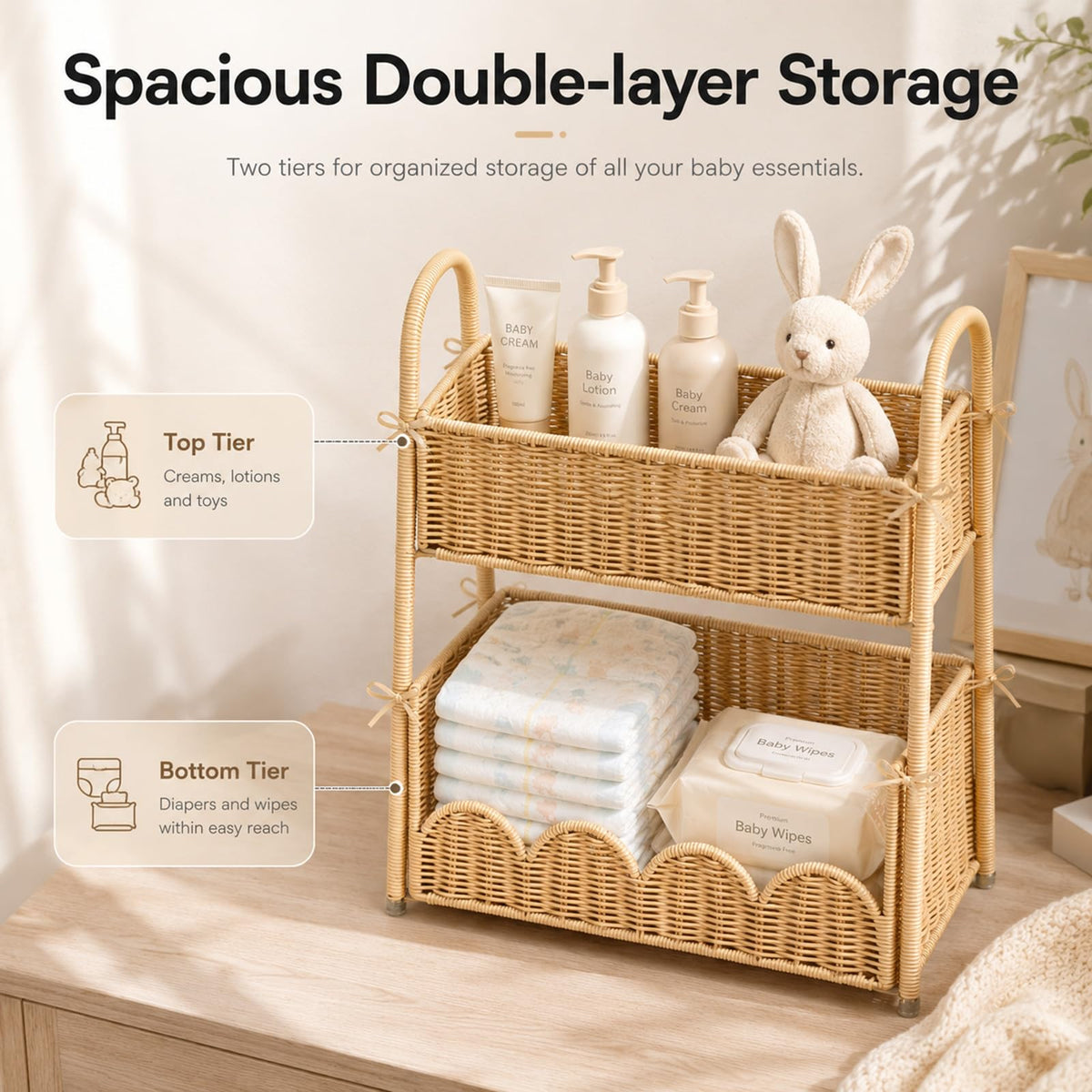 Klippehop 2-Tier Handwoven Diaper Caddy Organizer Basket