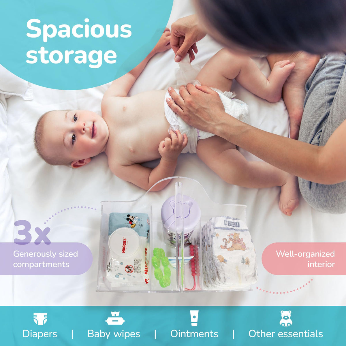 Acrylic Diaper Caddy Organizer with Handle & Compartments