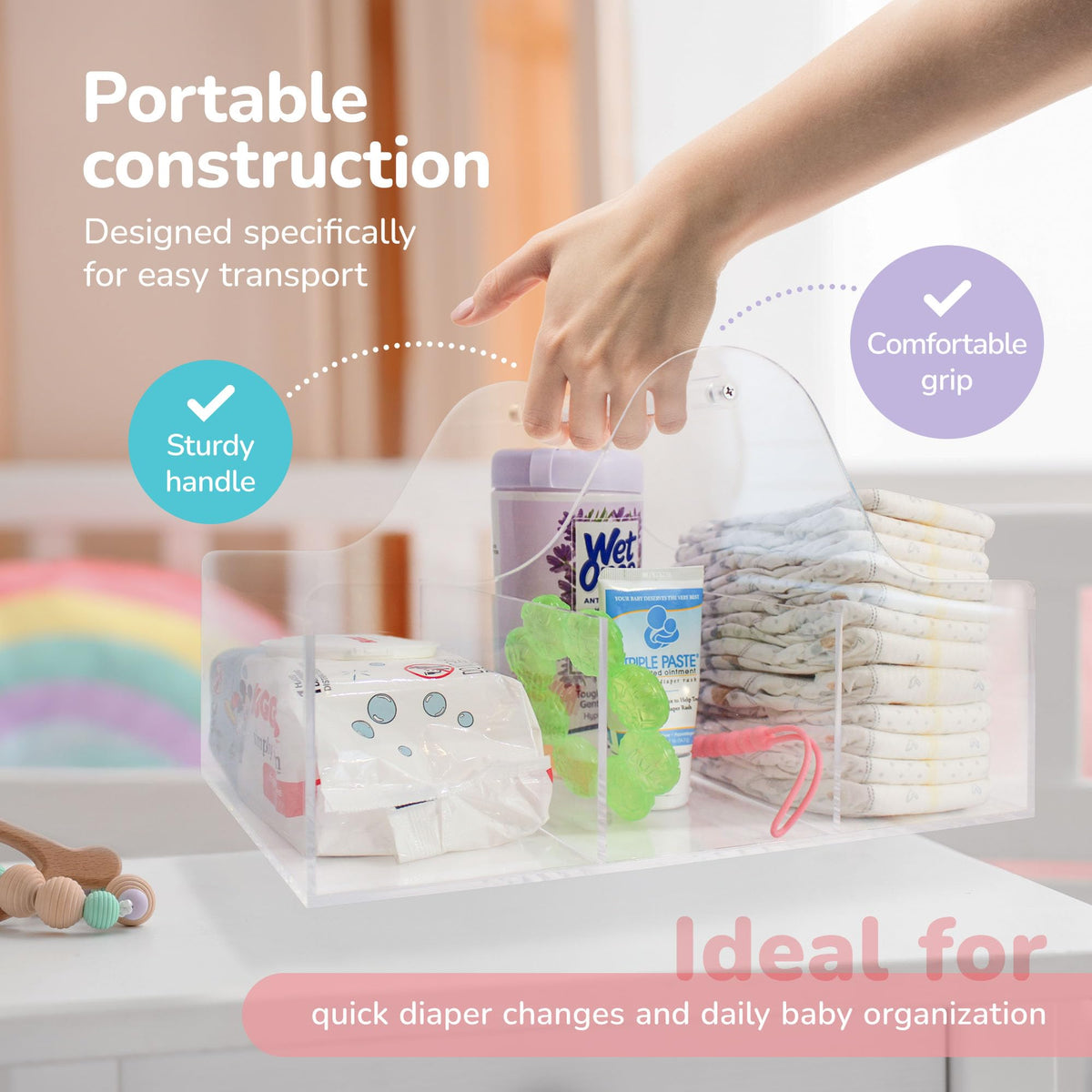 Acrylic Diaper Caddy Organizer with Handle & Compartments
