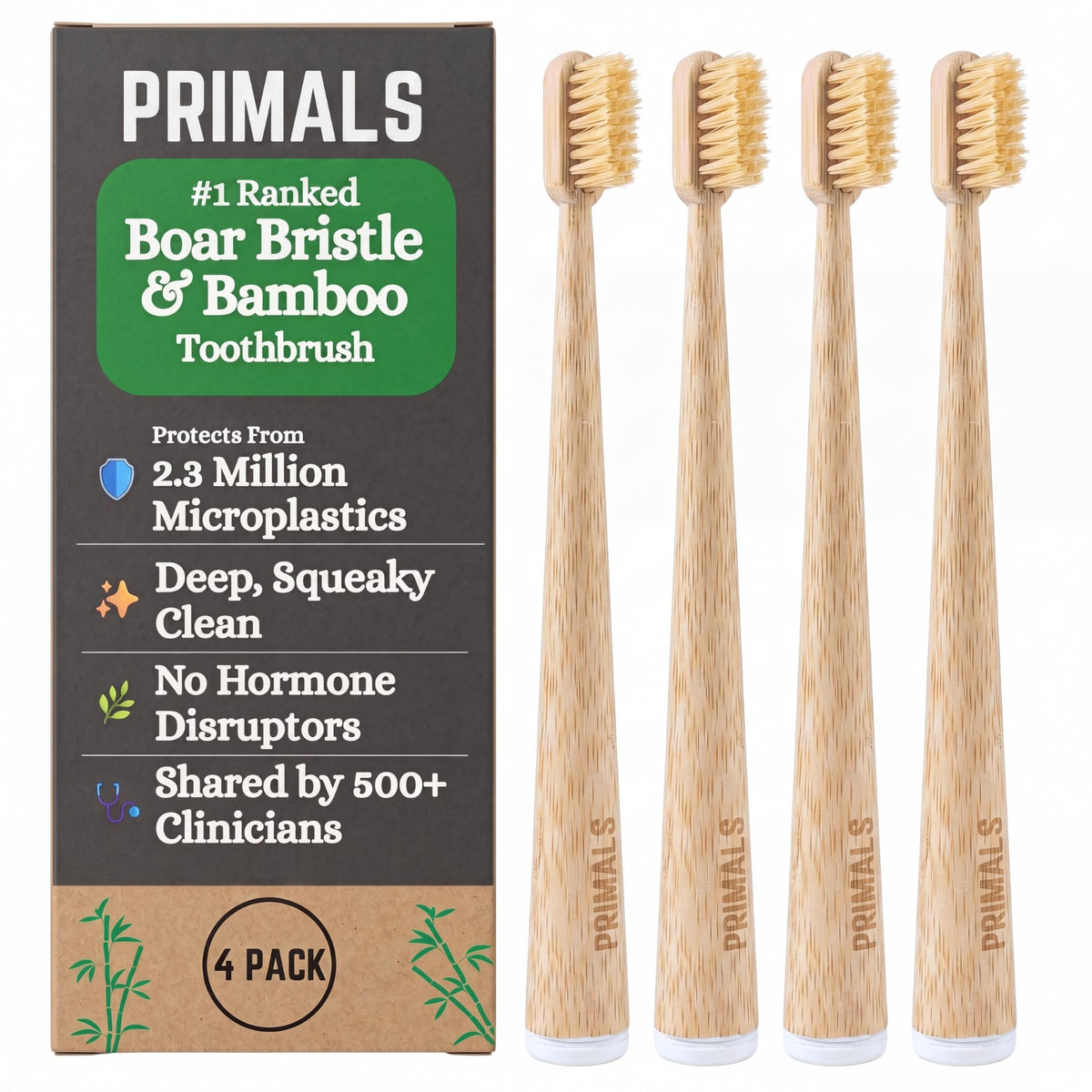 PRIMALS Boar Bristle & Bamboo Biodegradable Toothbrush 4-Pack