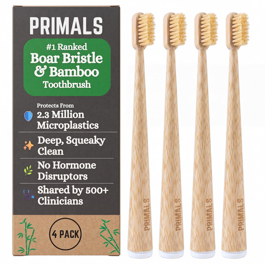 PRIMALS Boar Bristle & Bamboo Biodegradable Toothbrush 4-Pack