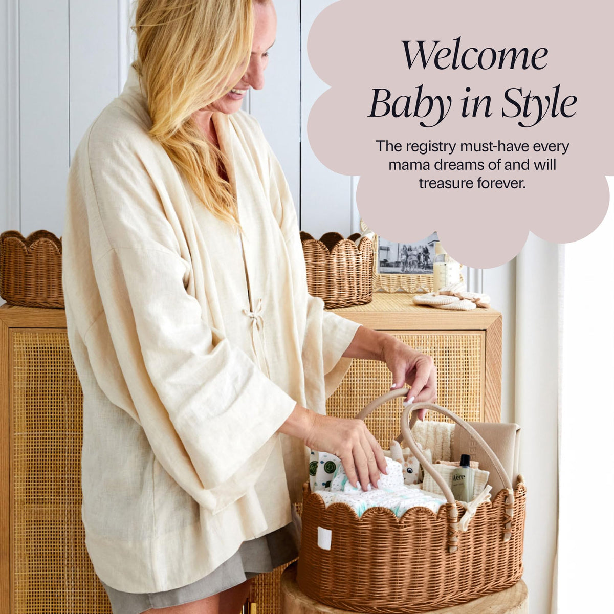 BEBE BASK Scalloped Rattan Baby Diaper Caddy Organizer
