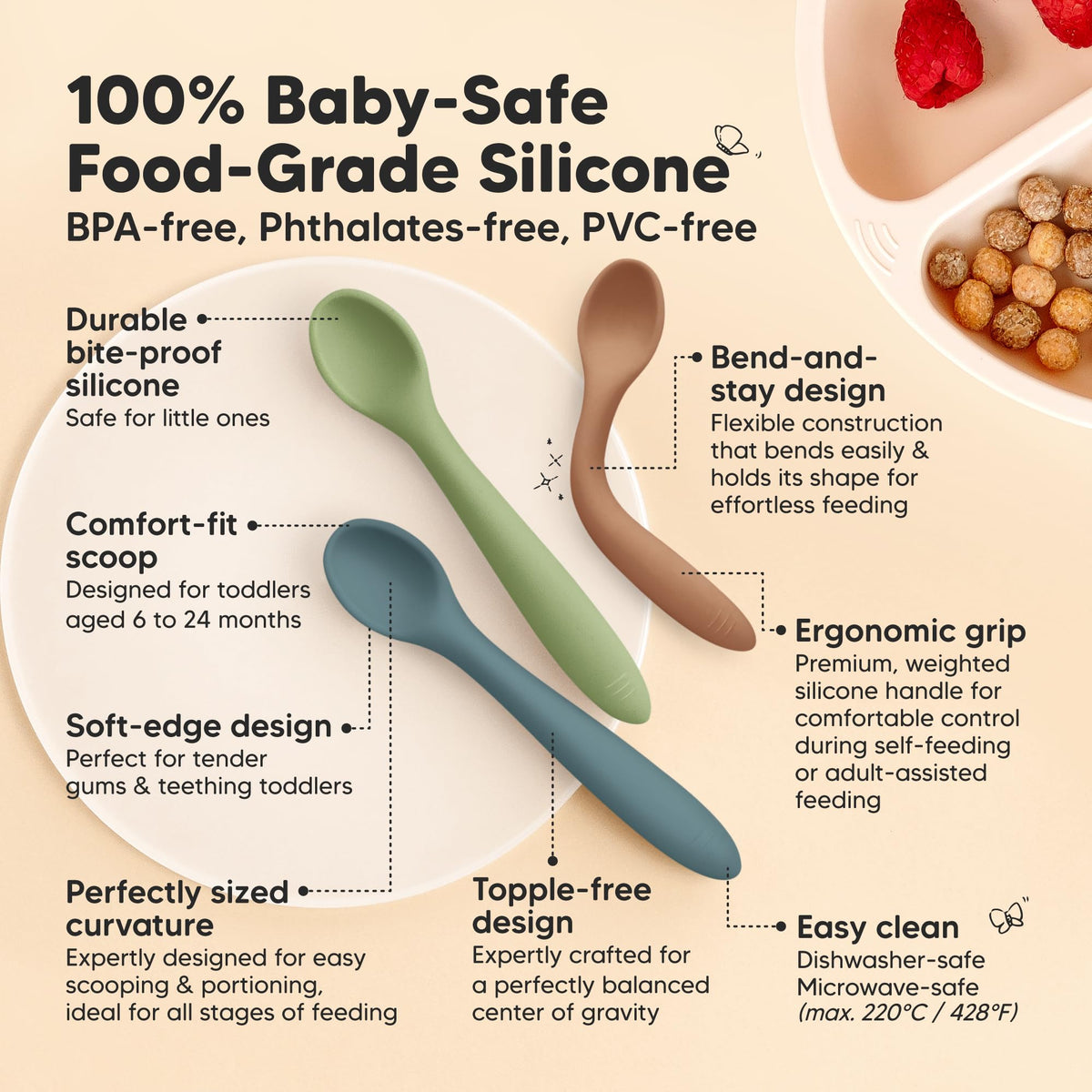 3-Pack Silicone Baby Spoons for Self-Feeding & Weaning