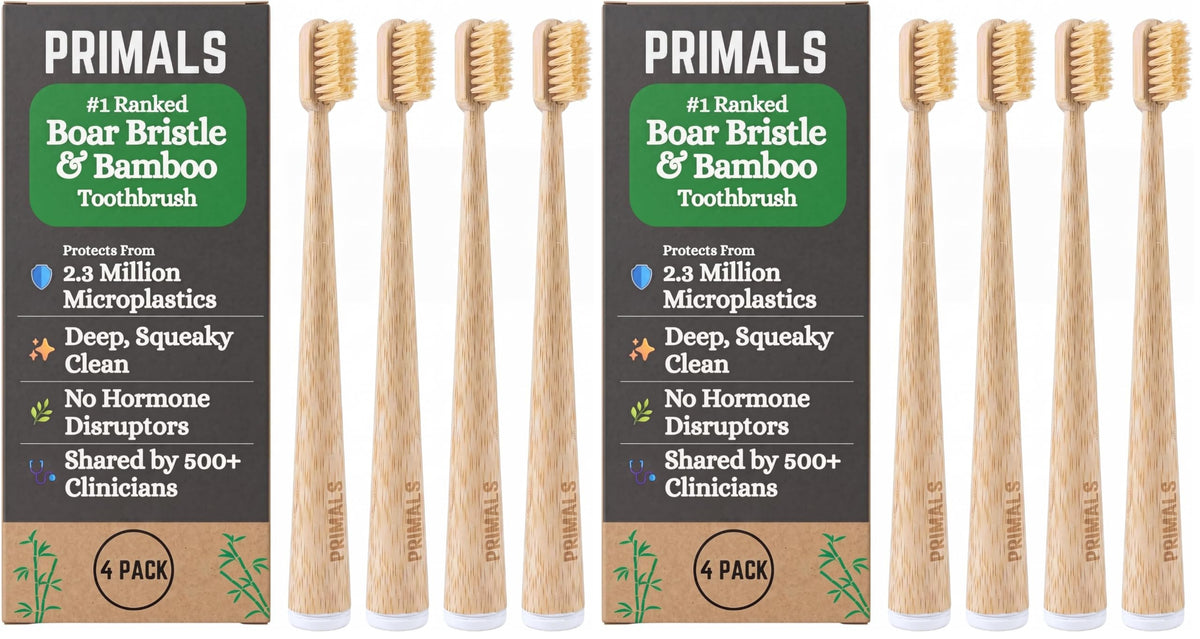 PRIMALS Boar Bristle & Bamboo Biodegradable Toothbrush 4-Pack